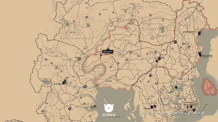 نقشه مکان دریم کچر در شمال منطقه Valentine در بازی Red Dead Redemption 2