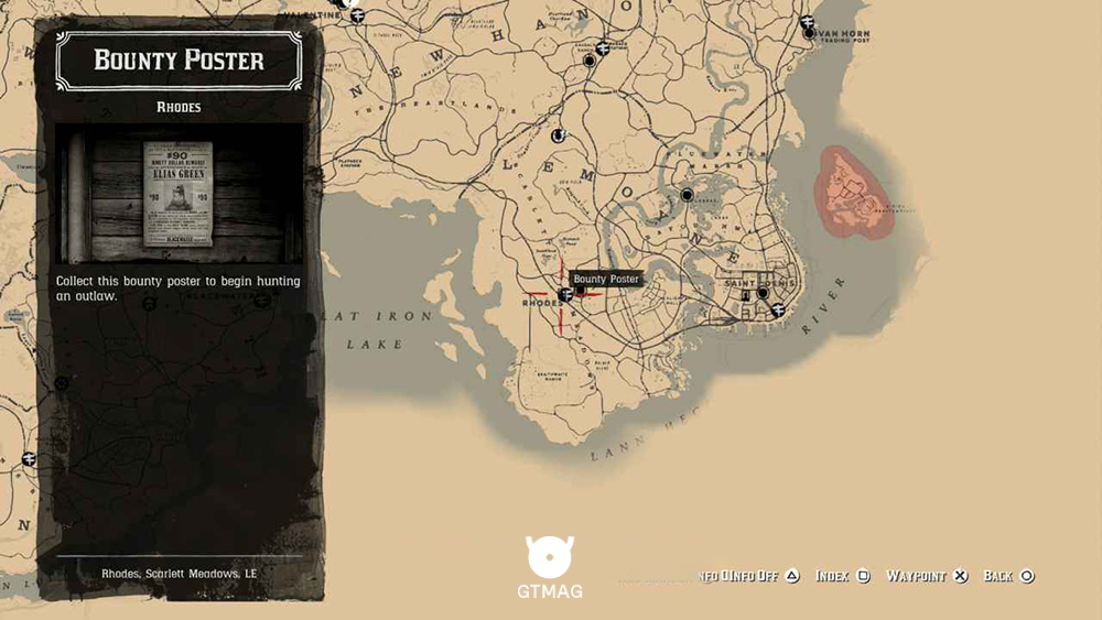 نقشه مکان Bounty Poster در شهر رودز (Rhodes) بازی Red Dead Redemption 2