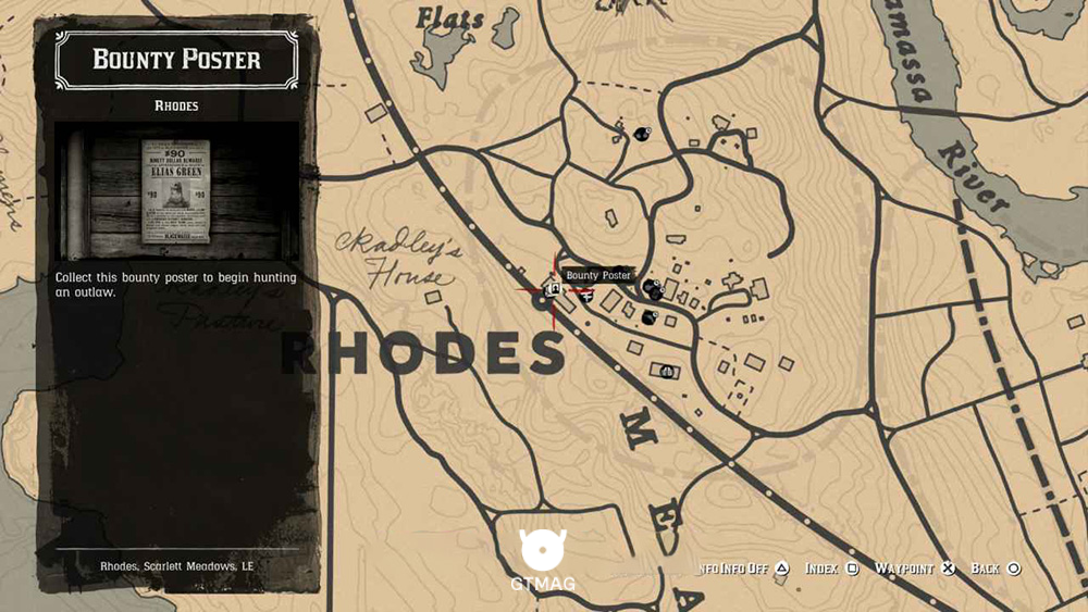 محل دقیق پوستر جایزه&zwnj;بگیر (Bounty Poster) شهر رودز روی نقشه RDR2