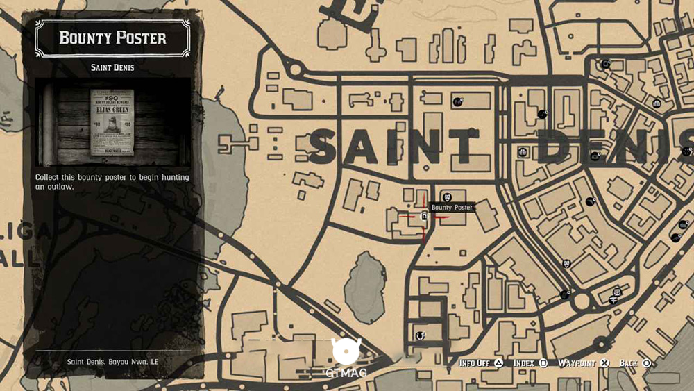 محل دقیق پوستر جایزه&zwnj;بگیر (Bounty Poster) شهر سینت دنیس روی نقشه RDR2