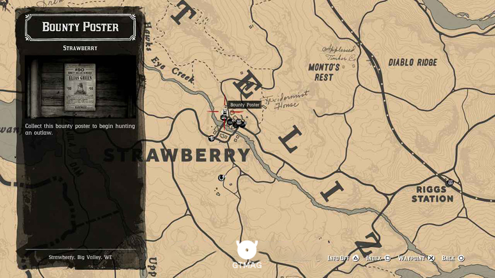 محل دقیق پوستر جایزه&zwnj;بگیر (Bounty Poster) شهر استرابری روی نقشه RDR2