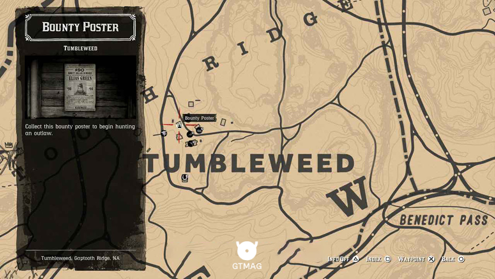 نقشه مکان Bounty Poster در شهر تامبل&zwnj;وید (Tumbleweed) بازی Red Dead Redemption 2