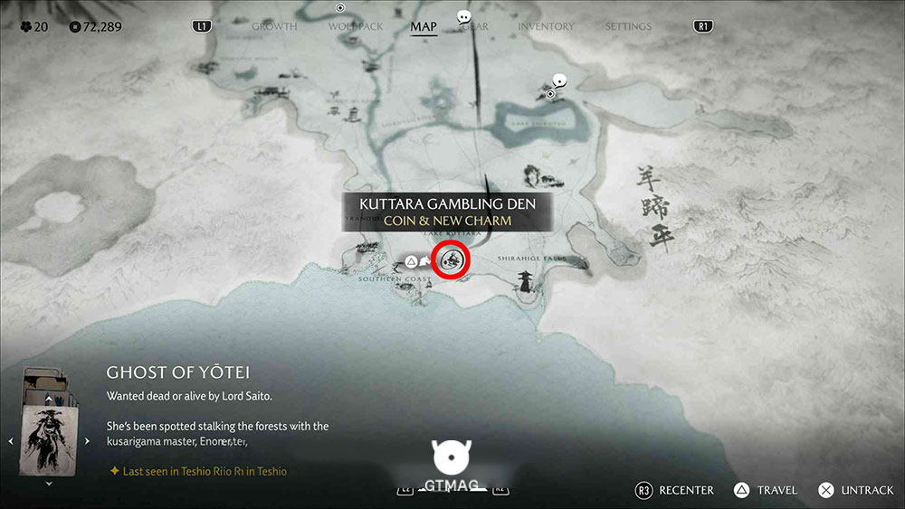 1 – Kuttara Gambling Den، Charm of Abundant Drink - موقعیت تمام Zeni Hajikiها در Ghost of Yotei