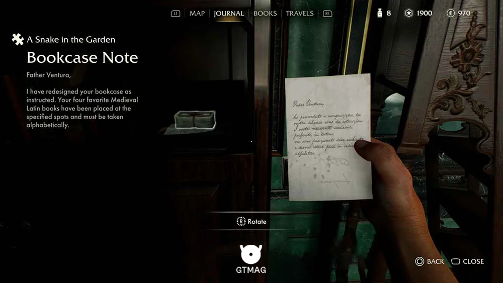 Mystery Note .5: Bookcase Note - راهنمای A Snake in the Garden در Indiana Jones and the Great Circle