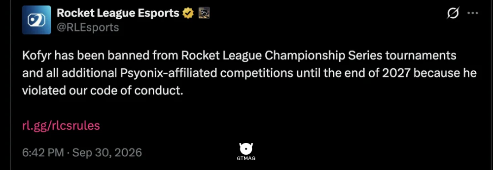 شرکت سایونیکس (Psyonix) یک بیانیه رسمی و کوتاه از طریق اکانت X بخش Rocket League Esports منتشر کرد. تو این توییت رسماً اعلام شد که Kofyr تا پایان سال 2027 بن شده. دلیل این محرومیت، نقض قوانین رفتاری (Code of Conduct) و مشخصاً بند 7.1.3 عنوان شده. با این حساب، Kofyr تا آخر 2027 حق شرکت تو هیچکدام از مسابقات RLCS یا تورنمنتهای زیر نظر Psyonix رو نداره
