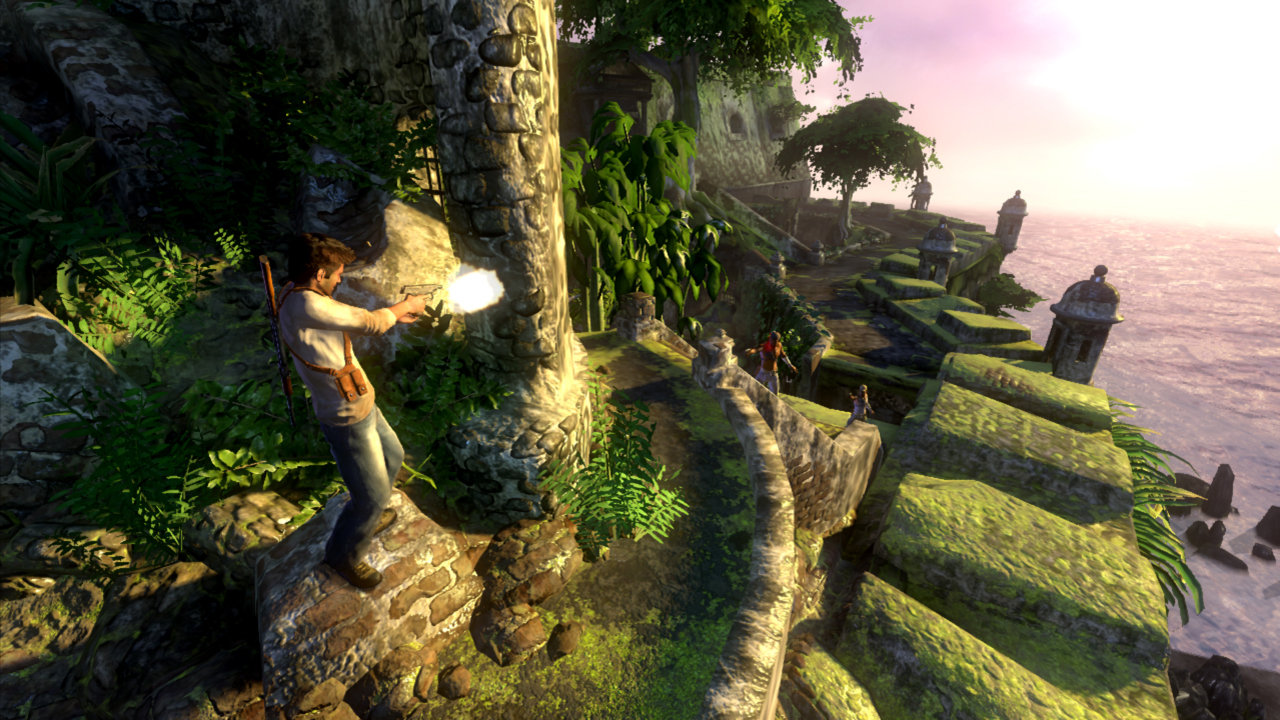 نیتن دریک در حال فرار و مبارزه در بازی Uncharted: Drake's Fortune
