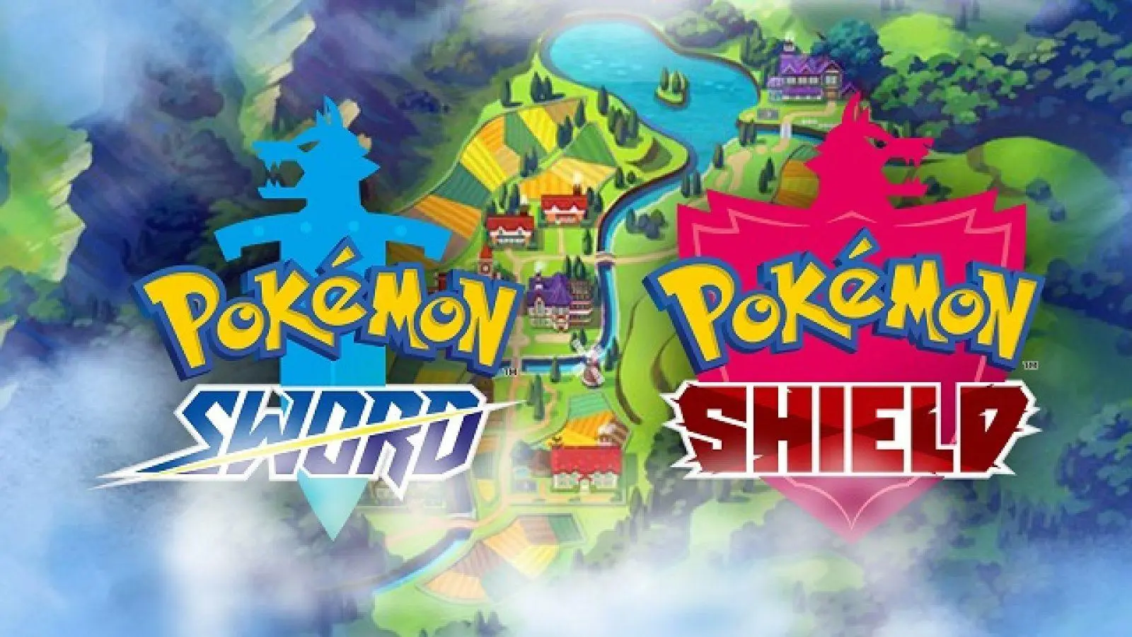 تصویری که لوگوهای آبی Pokémon Sword و قرمز Pokémon Shield را در مقابل نقشه‌ای خیالی و وسیع از منطقه گالار نشان می‌دهد. نقشه شامل جزئیاتی مانند ساختمان‌ها، رودخانه‌ها و کوهستان‌ها است که حس ماجراجویی را القا می‌کند
