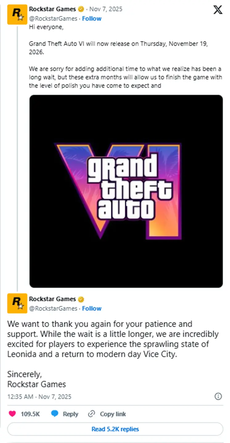 تاخیر رسمی GTA 6 تا نوامبر 2026