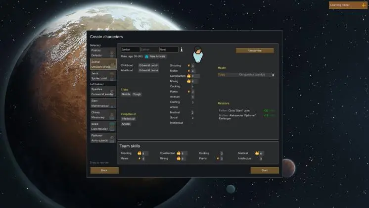 بخش ساخت کاراکتر بازی rim world