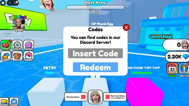 Roblox: 67 Clicker تصویری از مرحله ی وارد کردن کدها در بازی