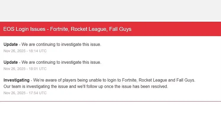 تصویری از مشکل ورود به سرویس‌های EOS (Fortnite, Rocket League, Fall Guys)