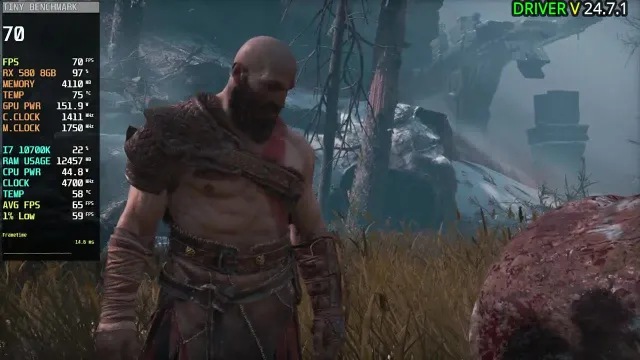 تصویری از بازی God of War با نمایش فریم ریت و اطلاعات سخت‌افزاری سیستم شامل کارت گرافیک RX 580