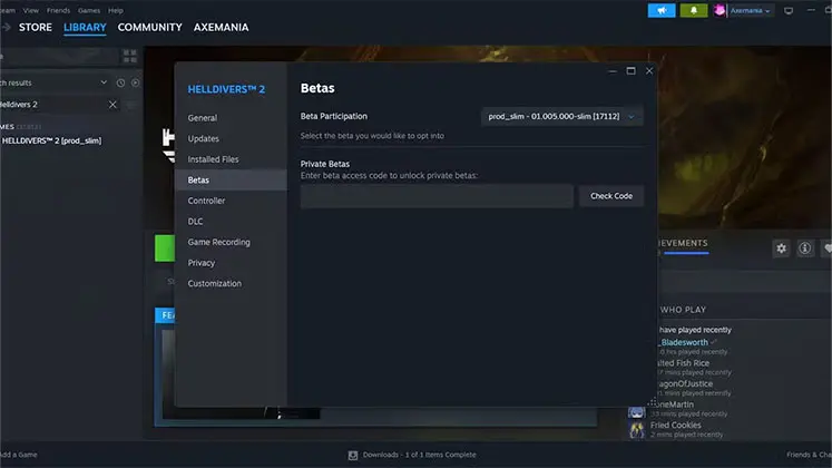 استفاده از نسخه بتای prod_slim در استیم مخصوص Helldivers 2