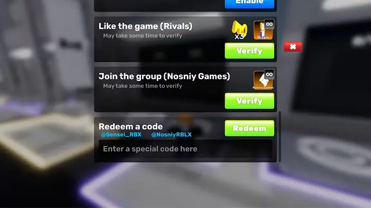 تصویری از وارد کردن کدها در بازی RIVALS در Roblox