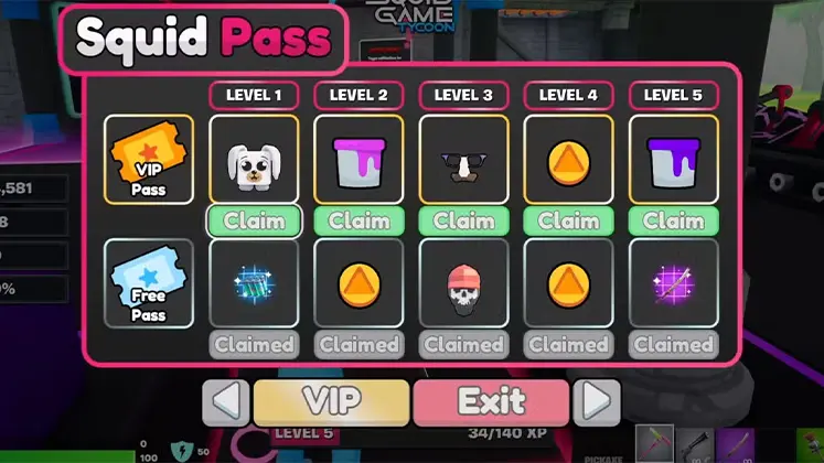 تصویری از منوی Squid Pass در مپ Squid Game Tycoon در بازی Fortnite