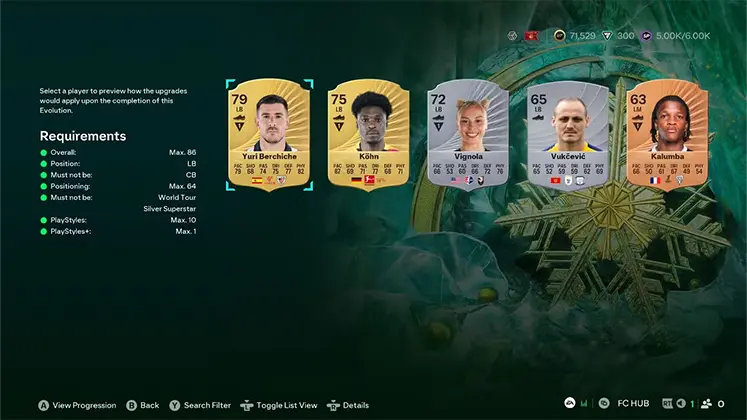 تصویری از محیط انتخاب بازیکن برای چالش Evolutions در بازی FC 26