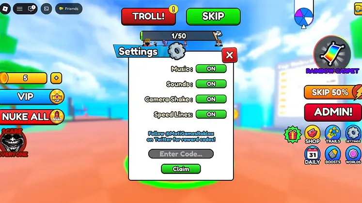 تصویری از وارد کردن کدها در بازی Parkour Obby در Roblox