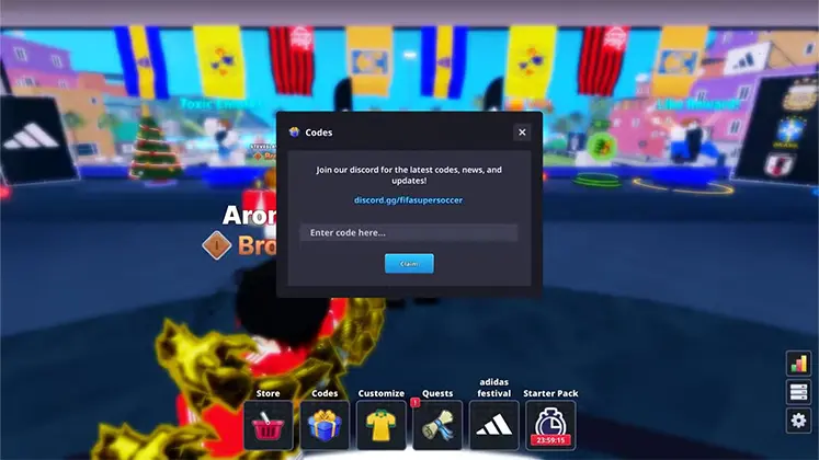 تصویری از مرحله ی وارد کردن کدها در بازی FIFA Super Soccer در Roblox