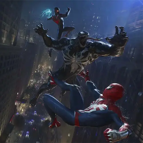 تصویری از درگیری مردعنکبوتی و مایلز مورالز با ونوم در بازی Marvel's Spider-Man 2 (2023)