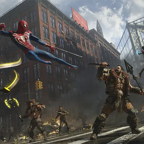 تصویری از درگیری مردعنکبوتی با کریون شکارچی در بازی Marvel's Spider-Man 2 (2023)