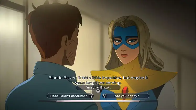 تصویری از مکالمه ی رابرت با Blond Blazer در بازی Dispatch Episode 3