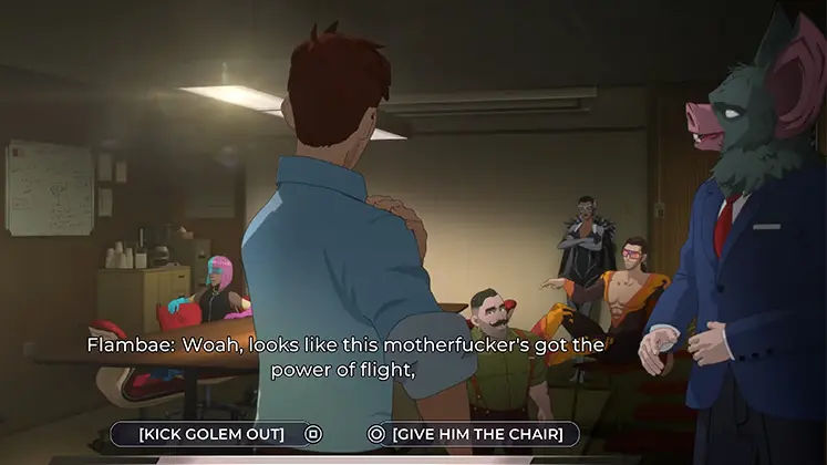 تصویری از صحبت و درگیری رابرت با Golem در بازی Dispatch Episode 3