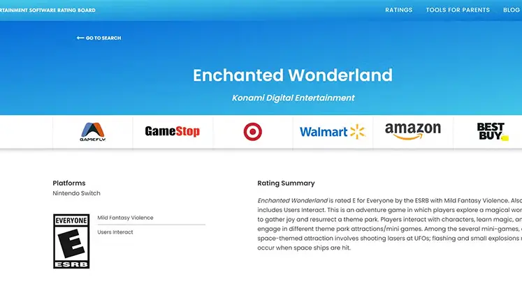 تصویری از نام Enchanted Wonderland در لیست رسمی سایت ESRB