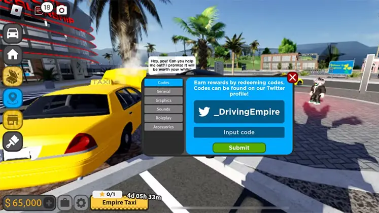 تصویری از مرحله ی وارد کردن کد در بازی Driving Empire در Roblox