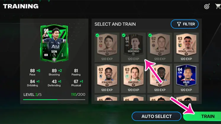 تمرین دادن به بازیکنان در بازی FC Mobile