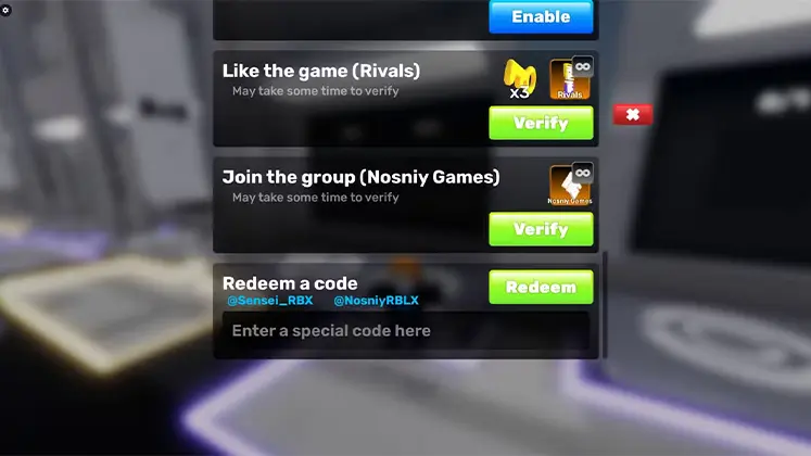 تصویری از مرحله ی وارد کردن کد در بازی Rivals در Roblox