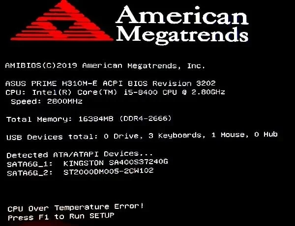 تصویر خطای CPU Over Temperature Error در صفحه بایوس به دلیل داغ شدن بیش از حد پردازنده و خشک شدن خمیر سیلیکون
