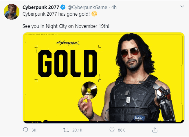 تویت cdpr درمورد گلد شدن بازی cyberpunk2077