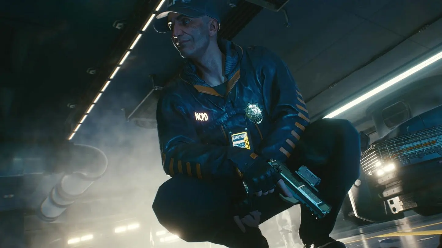 تصویری از یک مامور ncpd در بازی cyberpunk2077