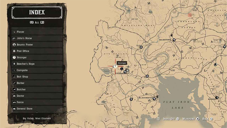 نقشه RDR2 نشان&zwnj;دهنده مکان غریبه (Stranger) برای شروع ماموریت حکاکی&zwnj;ها در نزدیکی استرابری