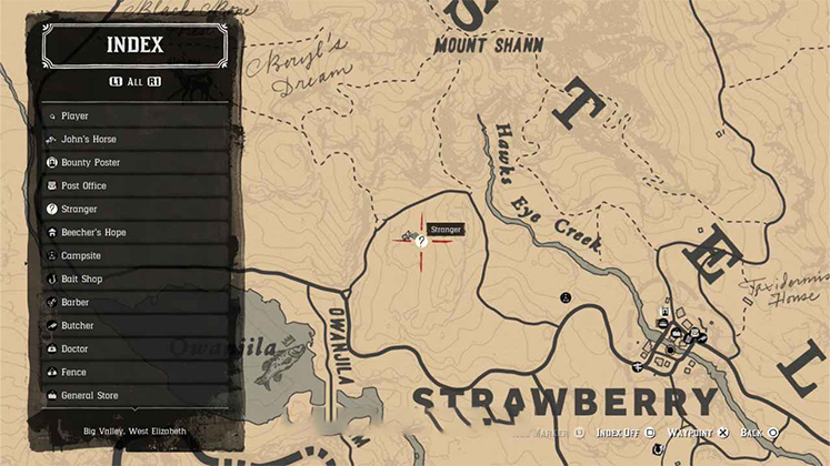 نمای نزدیک نقشه RDR2 از مکان ماموریت فرانسیس سینکلر (Francis Sinclair) در منطقه استرابری