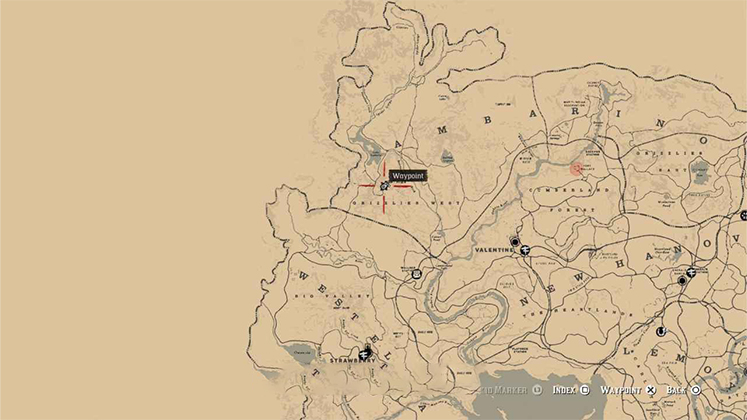 نقشه بازی Red Dead Redemption 2 با نشانگر مکان حکاکی روی سنگ در کوهستان گریزلیز وست