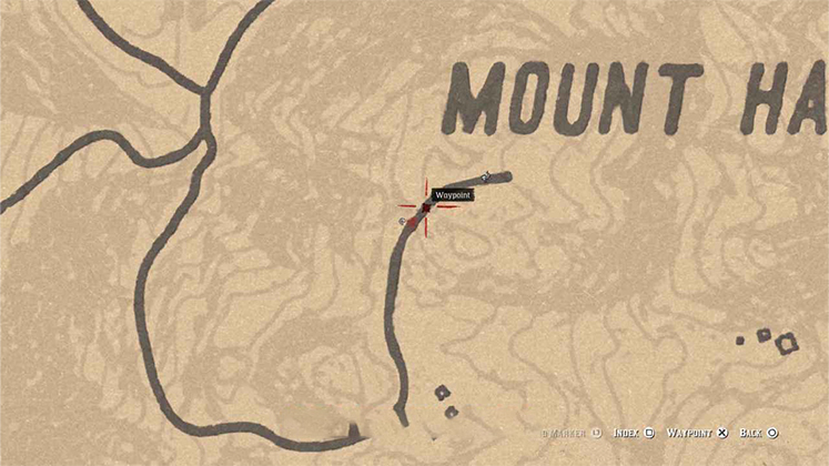 نمای نزدیک نقشه مکان حکاکی روی سنگ در کوه مونت هاگن (Mount Hagen) در RDR2