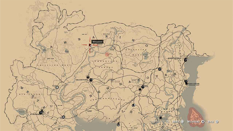 نقشه مکان حکاکی روی سنگ در منطقه آمبارینو (Ambarino) و شمال ولنتاین در Red Dead Redemption 2