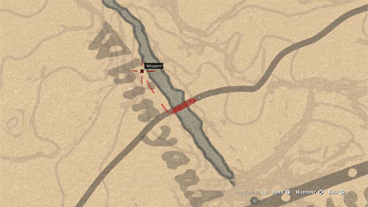 نمای دقیق نقشه RDR2 از مکان حکاکی روی سنگ در تنگه وین&zwnj;یارد (Whinyard Strait)