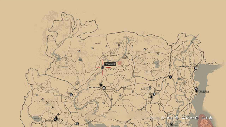 نقشه مکان حکاکی روی سنگ در منطقه کامبرلند فارست (Cumberland Forest) در بازی RDR2.