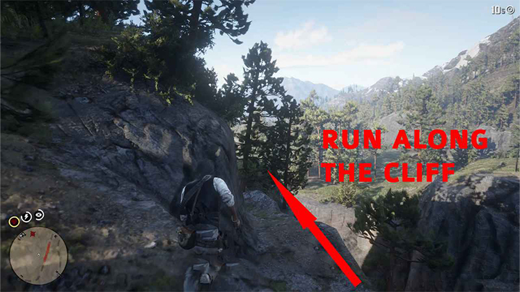 راهنمای تصویری مسیر رسیدن به حکاکی روی سنگ در RDR2 با نشانگر حرکت در امتداد لبه صخره