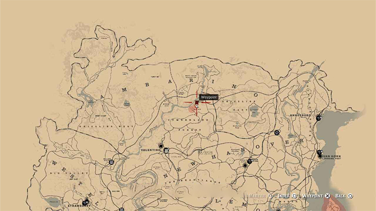 نقشه مکان حکاکی روی سنگ در مجاورت رودخانه داکوتا (Dakota River) و منطقه نیو هانوور در RDR2