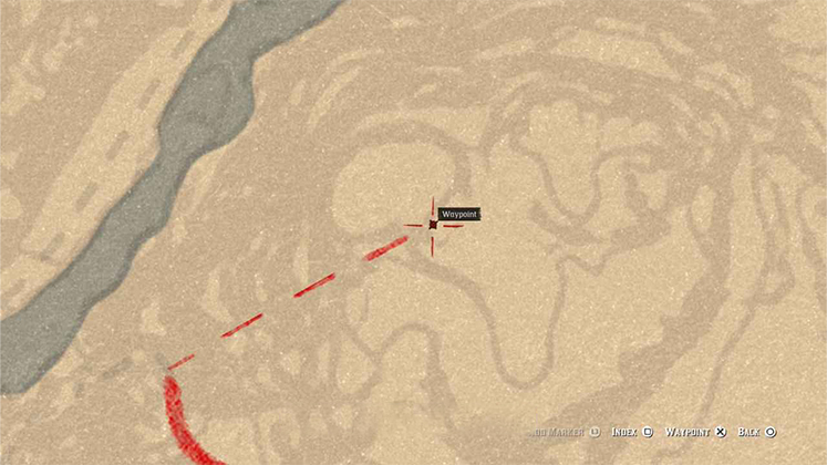 زوم دقیق نقشه RDR2 روی مسیر دسترسی به حکاکی روی سنگ در لبه صخره&zwnj;های نزدیک رودخانه داکوتا