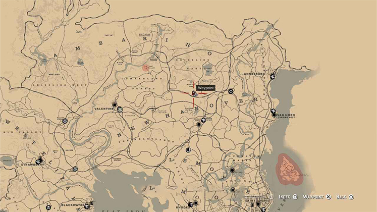 نقشه کلی RDR2 نشان&zwnj;دهنده مکان حکاکی روی سنگ در منطقه هارتلندز (The Heartlands) در نیو هانوور