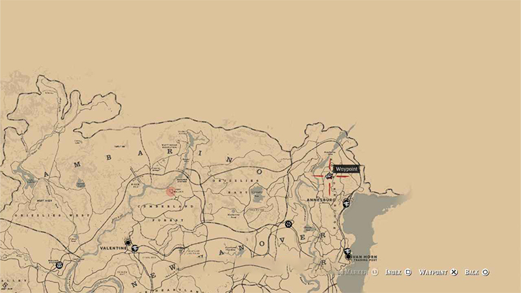 نقشه کلی بازی RDR2 که مکان حکاکی روی سنگ در منطقه رونوک ریج (Roanoke Ridge) و شمال آنزبرگ را نشان می&zwnj;دهد