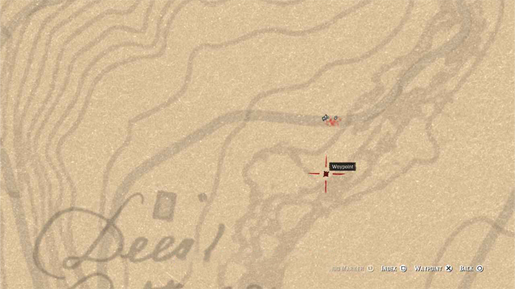 نمای نزدیک نقشه RDR2 برای یافتن مکان دقیق حکاکی روی سنگ در نزدیکی دیر کاتج (Deer Cottage)