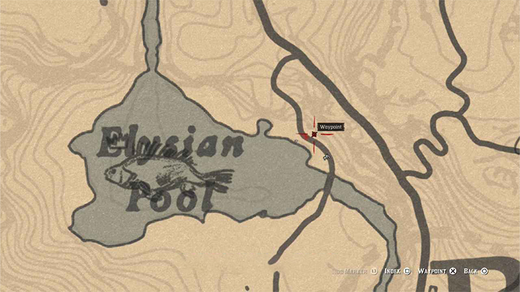 زوم دقیق روی نقشه RDR2 برای یافتن مسیر دسترسی به حکاکی روی سنگ در جاده شرقی الیزیان پول