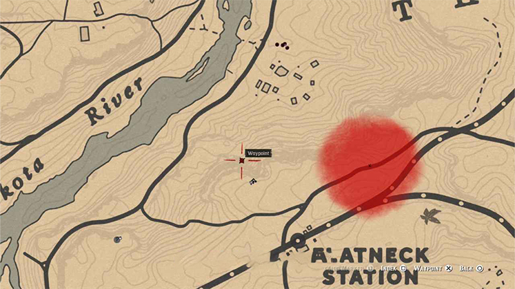 نمای نزدیک نقشه RDR2 از مکان دقیق حکاکی روی سنگ در منطقه هارتلندز و شمال فلت&zwnj;نک استیشن