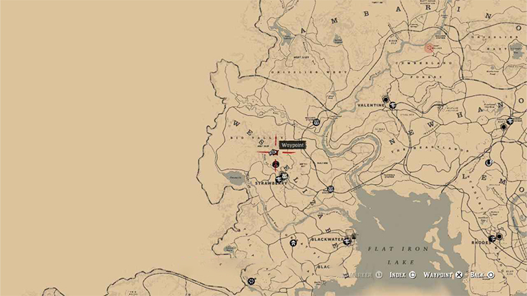 نقشه کلی بازی RDR2 که مکان یکی از حکاکی&zwnj;های روی سنگ را در منطقه وست الیزابت (West Elizabeth) و شمال استرابری (Strawberry) نشان می&zwnj;دهد