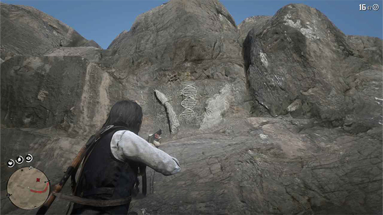 راهنمای تصویری RDR2 که حکاکی روی سنگ با طرح دی&zwnj;ان&zwnj;ای (DNA) را بر روی دیواره صخره&zwnj;ای به وضوح نمایش می&zwnj;دهد